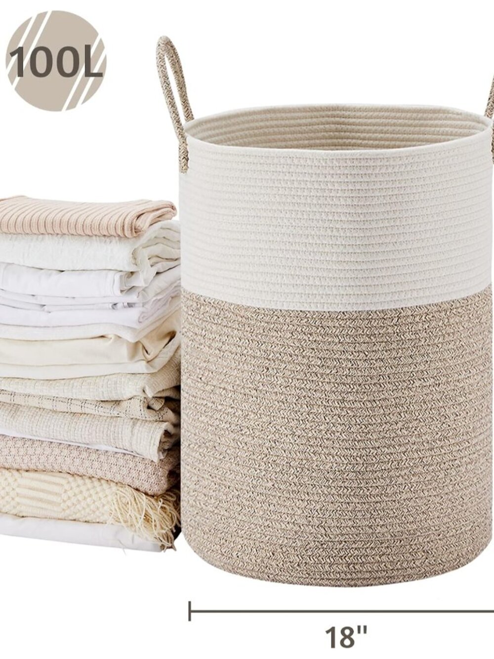 Large Laundry Hamper, Tall Woven Rope Storage Basket for Blanket, Toys, Dirty Cl - Picture 2 of 5
